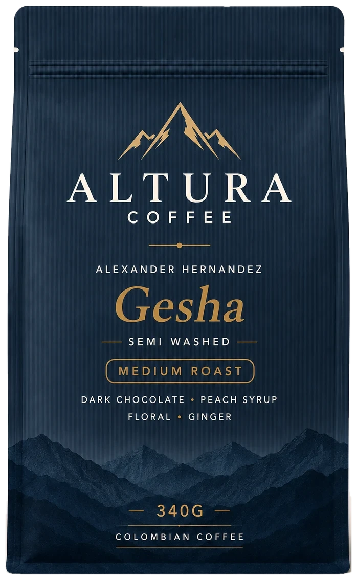 Altura Coffee Gesha, 340 g, navy blue bag with gold lettering