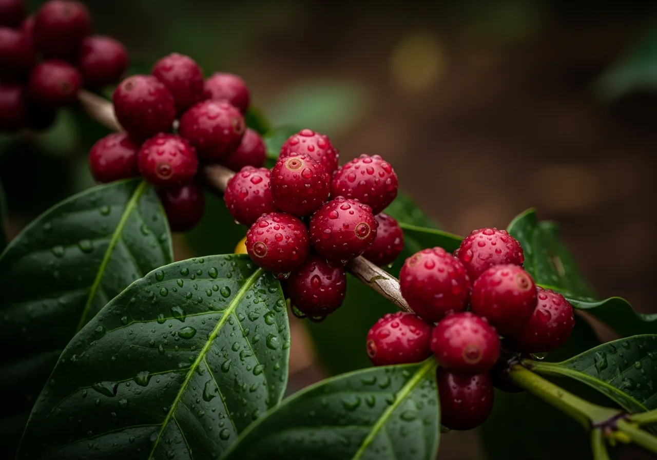 Ripe coffee cherries and foliage