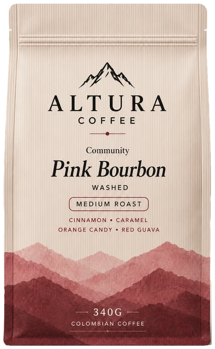 Altura Coffee Pink Bourbon, 340 g, cream bag with burgundy mountains